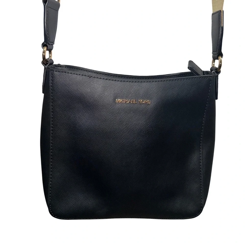 Michael Kors Crossbody Bag Medium Black Excellent Leather W| Tan Strap